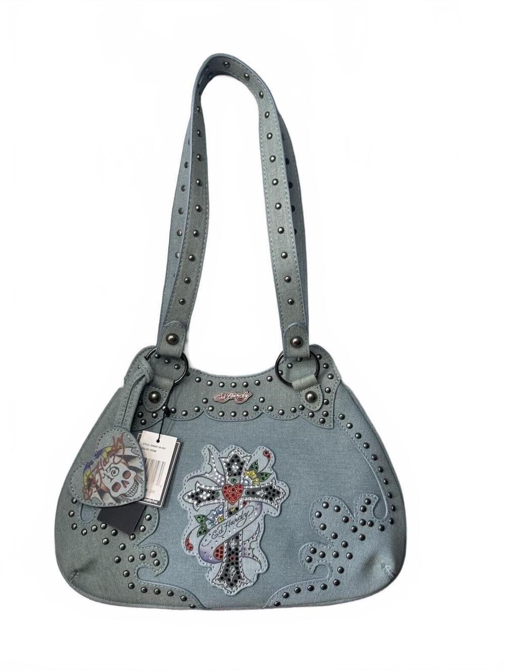 Ed Hardy Women's Denim Studded Shoulder Bag Light Blue Cross